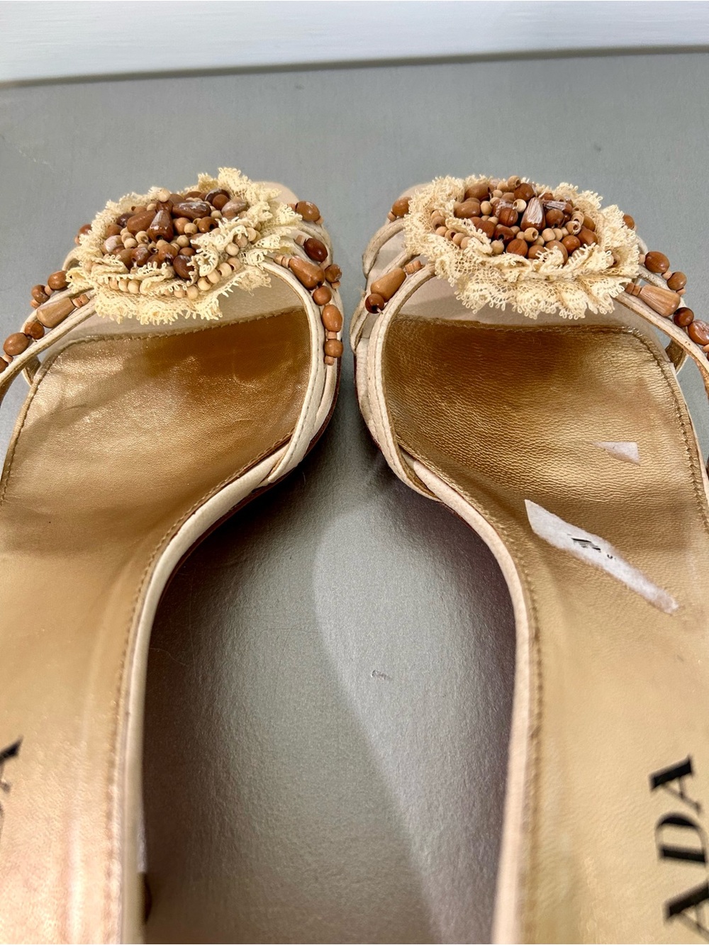 Prada Women's Cream Crochet Lace & Beaded Slide Kitten Heels | 2000s - Picture 7 of 10